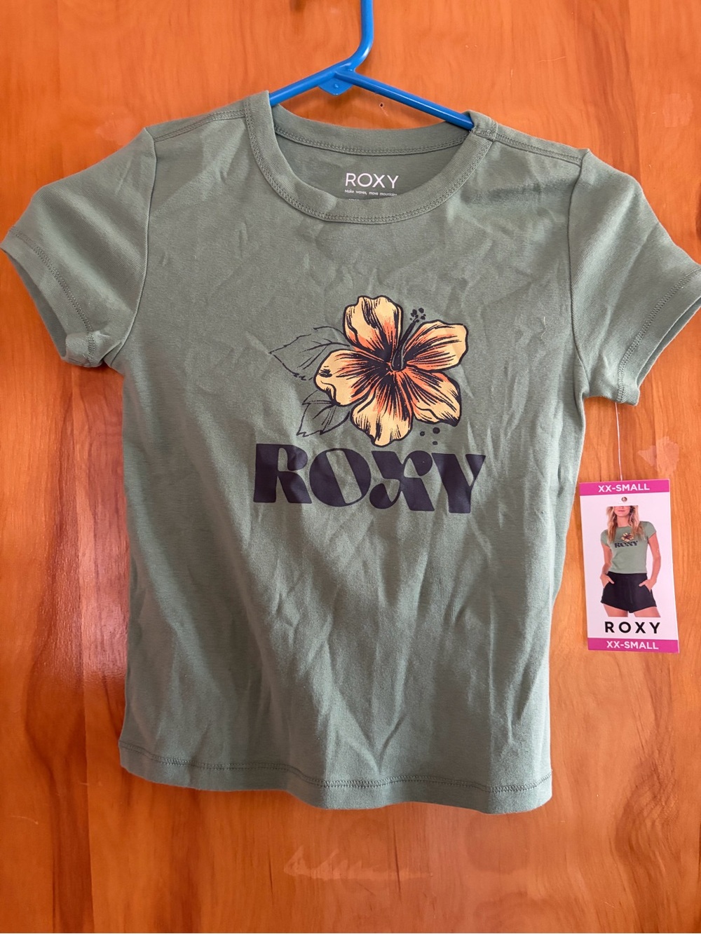 Roxy Olive Green Floral Logo Tee with Yellow Accent